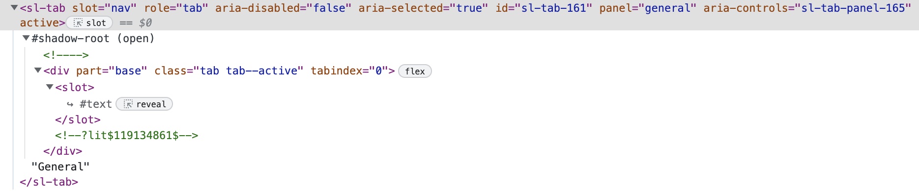 The tabs component markup shown in DevTools.