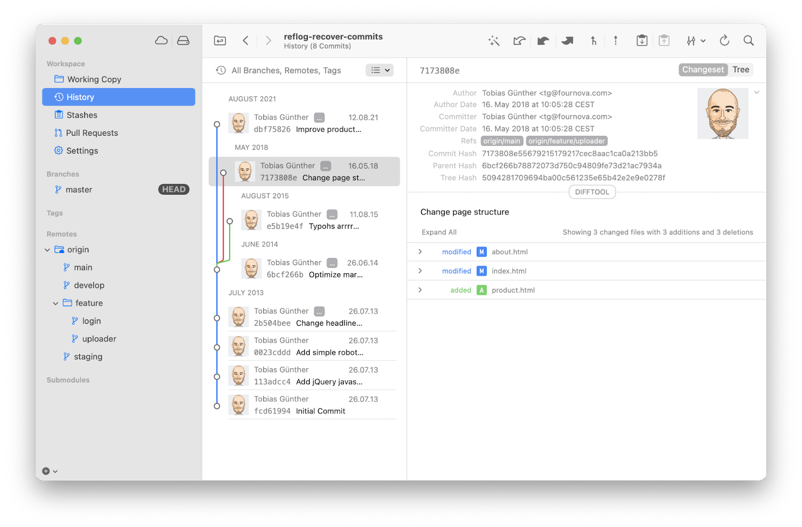 Screenshot of the Tower application interface. On the left is a navigation with the History item selected. In the center panel is a visual outline of the commit history showing the avatars of people who made the commits. The second commit is selected and on the right is a panel showing more detail about the commit, including the author, date, committer, refs, hashes, and changed files.