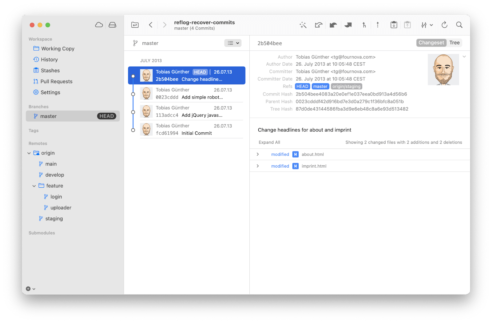 Screenshot of the Tower application interface. The master branch is selected in the right navigation, the first commit is selected in the center panel, and the detail for that commit is displayed in the right panel. The commits in the center panel are clean and linear without any additional commits or branches.