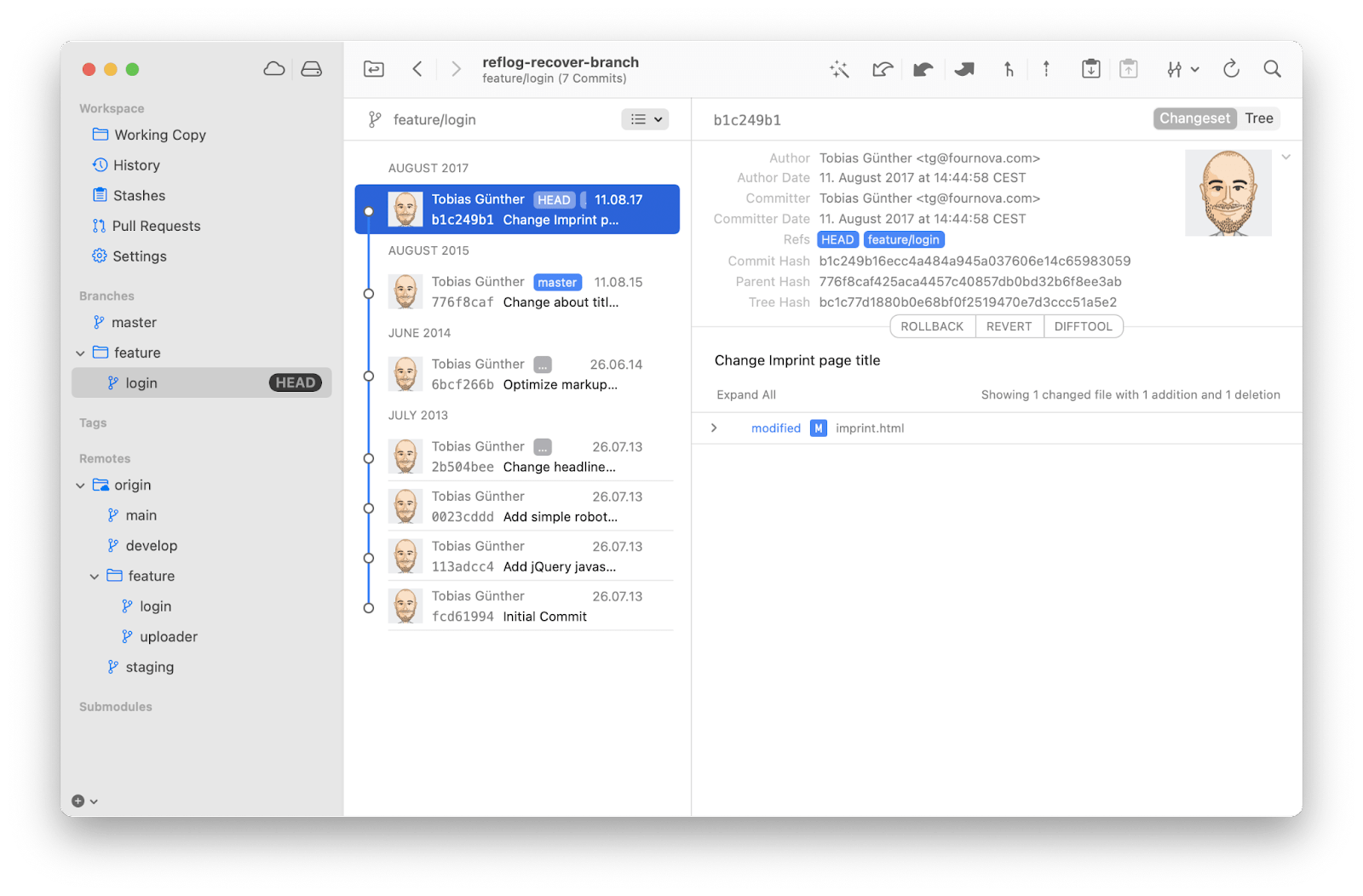 Screenshot of the Tower app interface showing the login branch selected in the left panel, the commit history of that branch in the center panel with the first commit selected and highlighted in blue, then details for the commit in the right panel, including the author, date, refs, cases, and modified files.