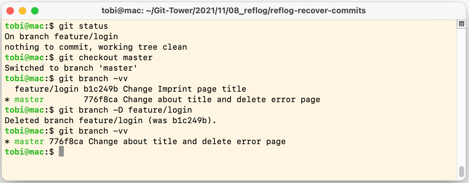Screenshot of an open Terminal window with a light yellow background and mostly black text, though the branch and committer names are highlighted in bright green. The first command is git status, the second is git checkout master, the third is git branch -vv, the fourth is git branch -D feature/login, and the last command is git branch -vv.