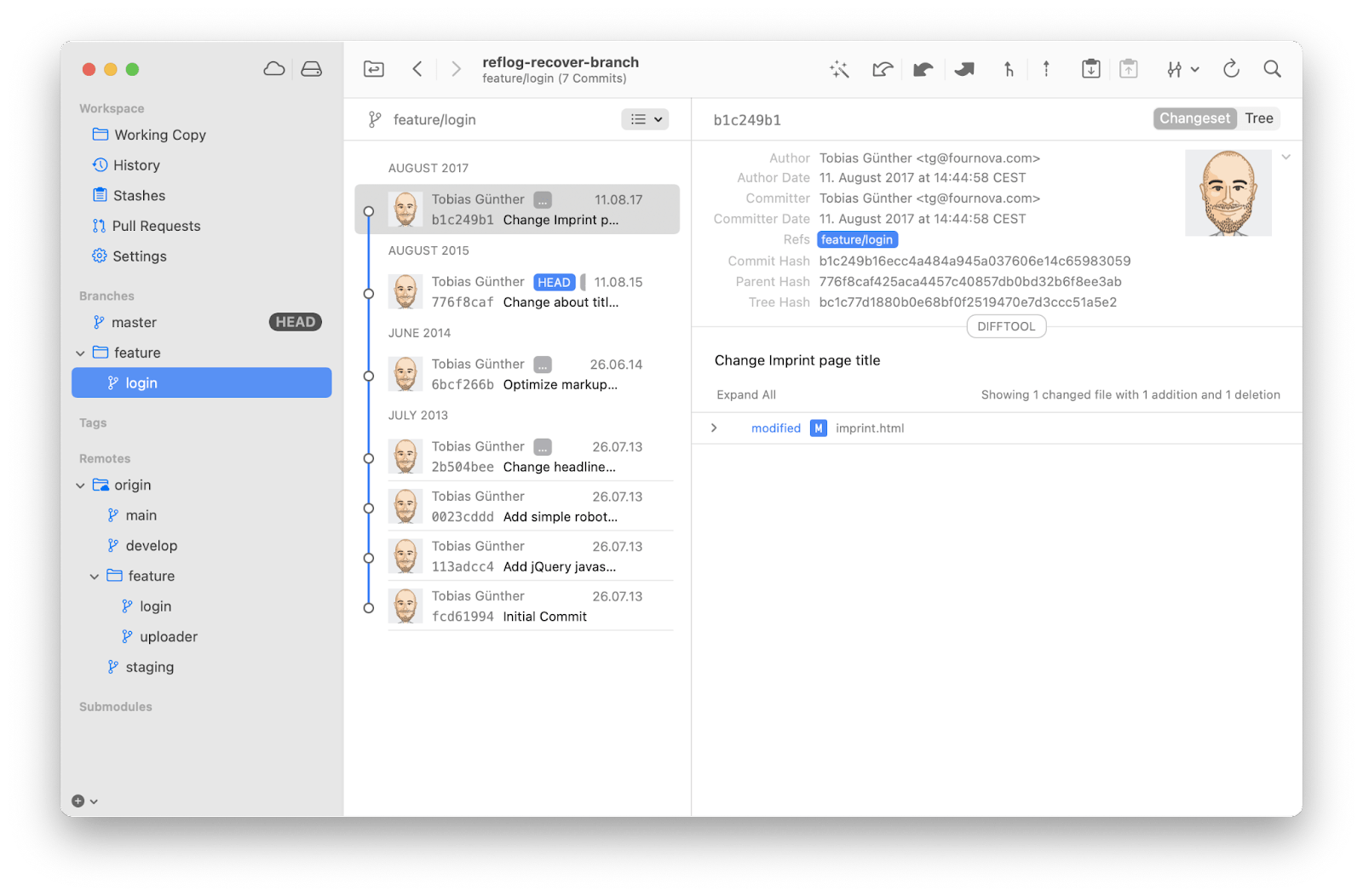 Screenshot of the Tower application interface. The feature/login branch is selected in the left panel, the commit history for the branch is in the center panel with the first commit selected, and the left panel displays more information ab out the commit, including the author, date, refs, hashes, and modified files.