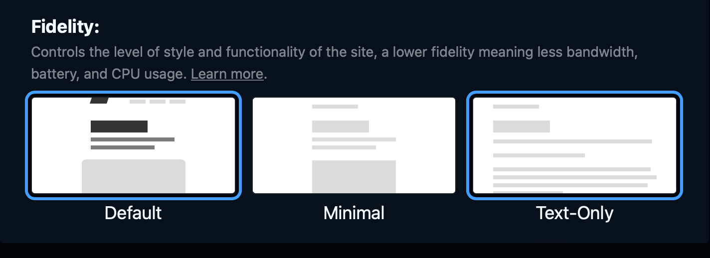 Fidelity settings with three choices for default, minimal, and text-only.