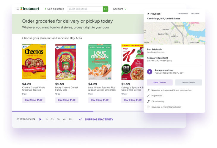 LogRocket Session Replay Example: Instacart