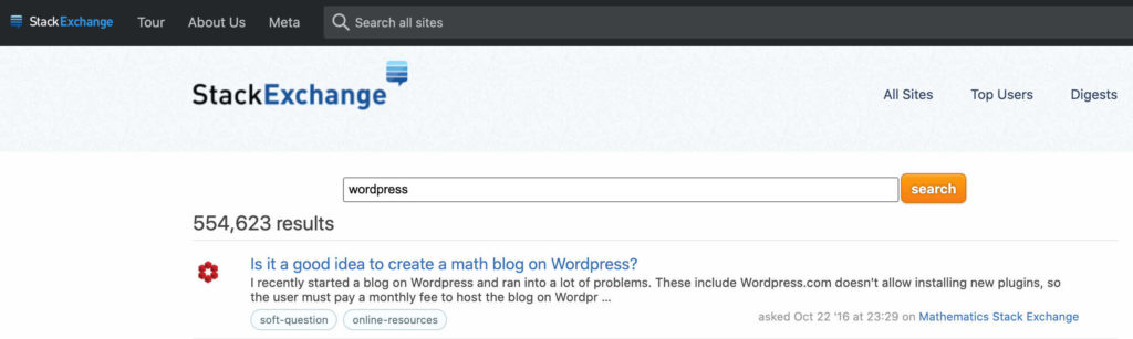 screen shot of Stack Exchange search page