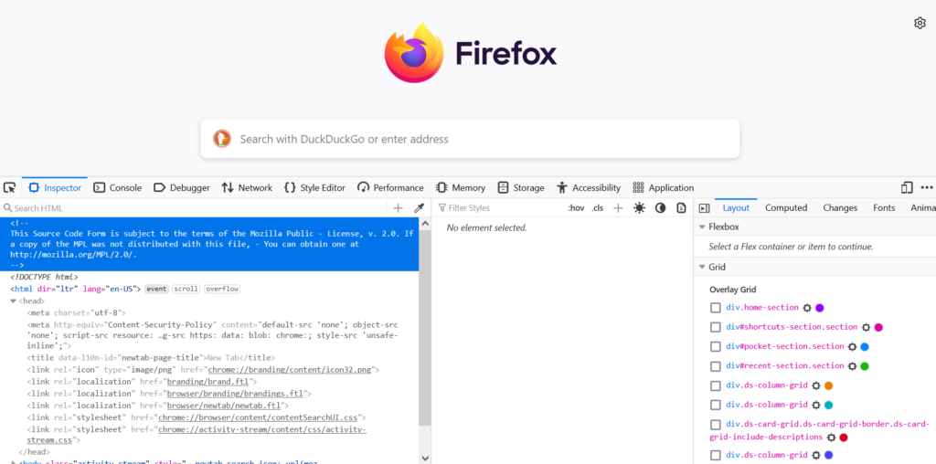 Image of FireFox browser inspection tool