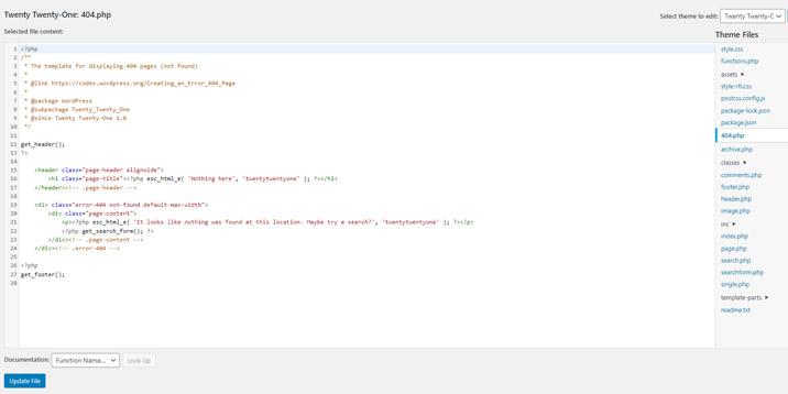 Image of how to edit a 404 page in WordPress using the theme editor.