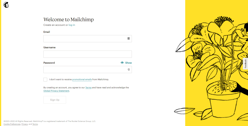 Sign Up for MailChimp Page