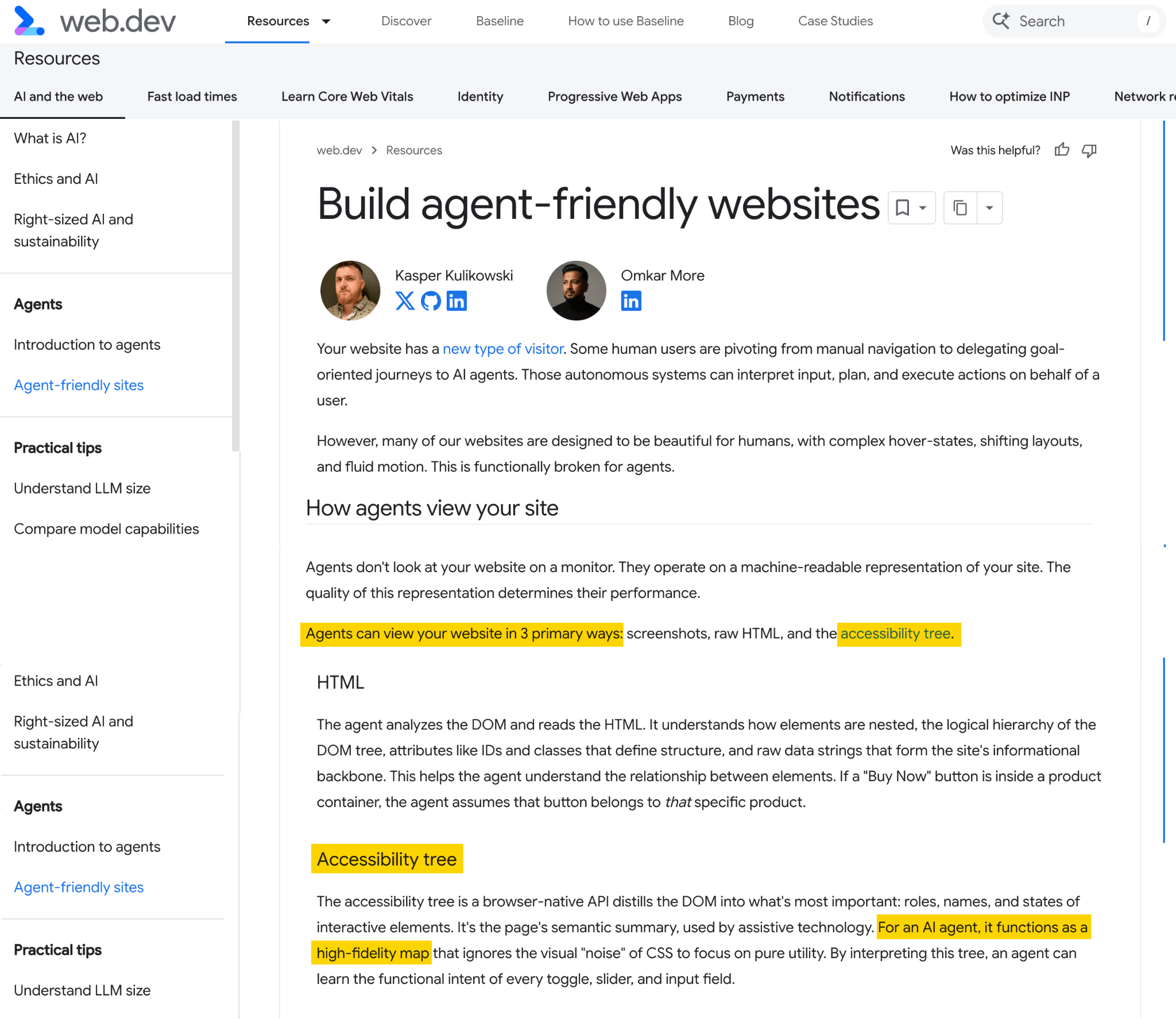 A web.dev article titled "Build agent-friendly websites," detailing how AI agents interact with websites.