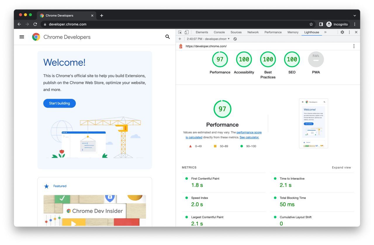 A browser window shows the Chrome Developers website and a Lighthouse performance audit. The site scored 97 for Performance.