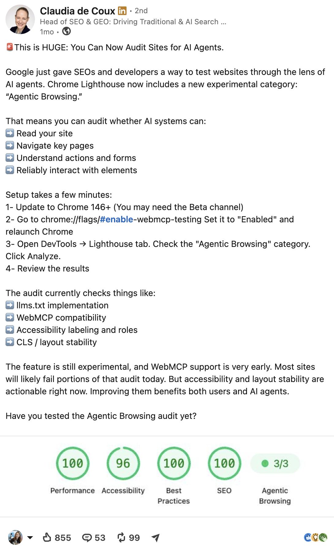A LinkedIn post by Claudia de Coux about Google Lighthouse's new "Agentic Browsing" audit for AI. It shows setup steps, audit checks, and a screenshot of Lighthouse scores for Performance (100), Accessibility (96), Best Practices (100), SEO (100), and Agentic Browsing (3/3).