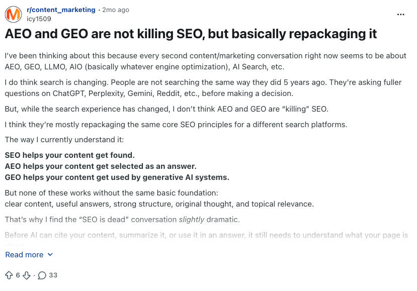 A Reddit post titled "AEO and GEO are not killing SEO, but basically repackaging it." The author explains how SEO, AEO, and GEO differ.