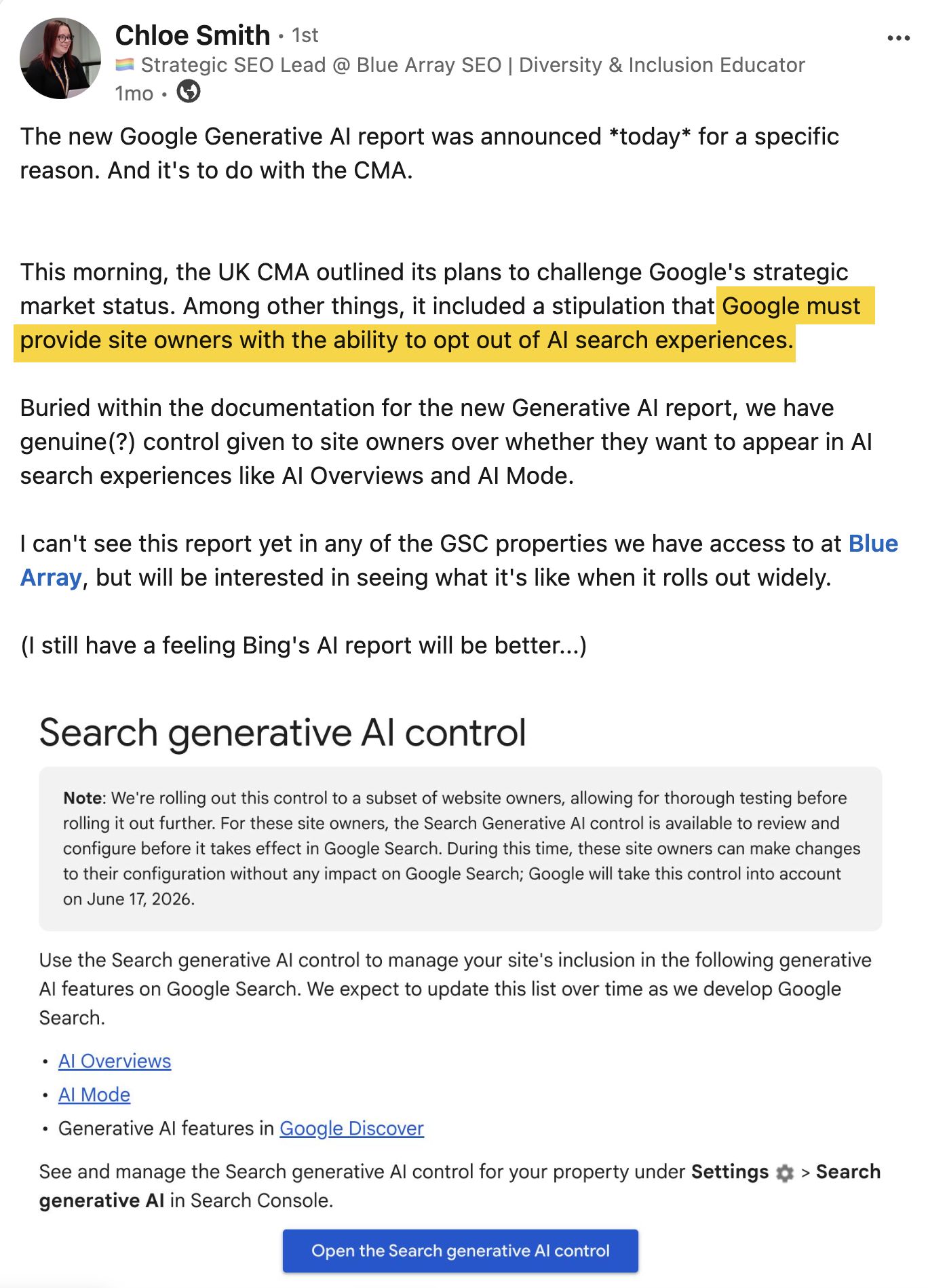 A LinkedIn post about Google giving site owners the ability to opt-out of AI search experiences.