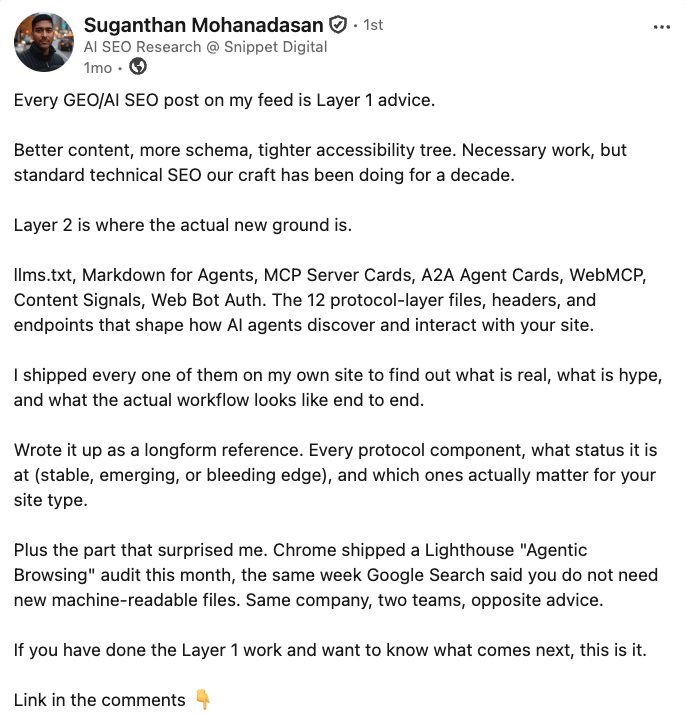 A LinkedIn post by Suganthan Mohanadasan discussing "Layer 1" vs. "Layer 2" SEO advice for AI agents.