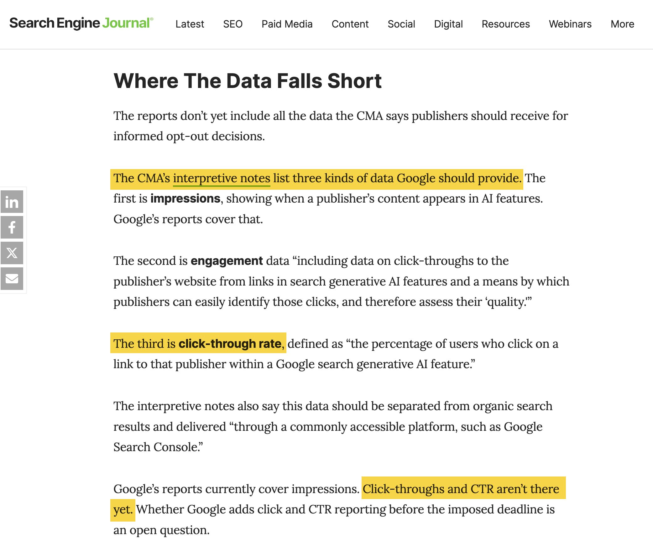 A screenshot of an article from Search Engine Journal titled "Where The Data Falls Short," outlining three types of data Google should provide.