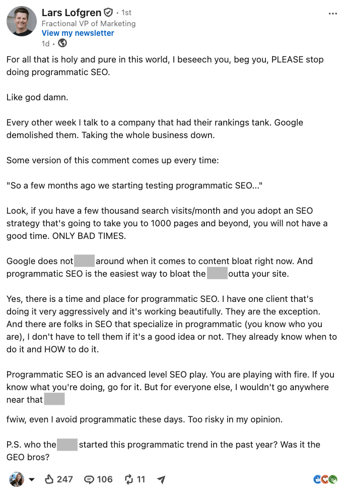 A LinkedIn post by Lars Lofgren, Fractional VP of Marketing, warning against programmatic SEO.