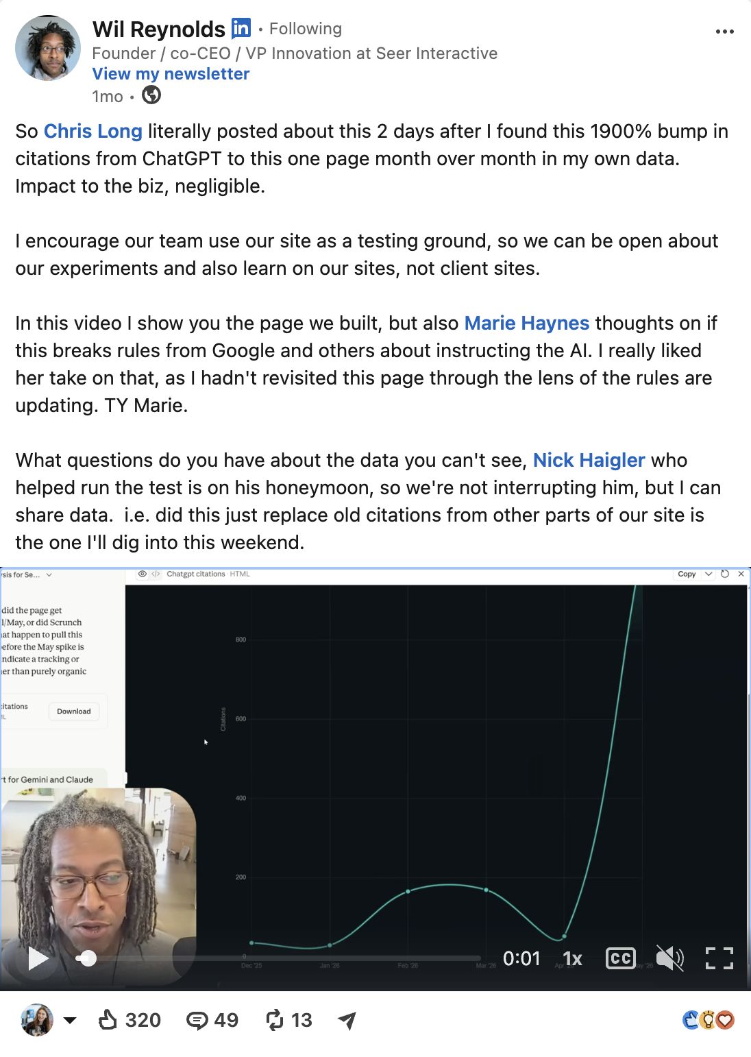 A LinkedIn post from Wil Reynolds showing a chart of ChatGPT citations with a large spike in April, and a video of him speaking.