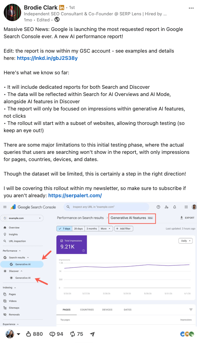 A LinkedIn post by Brodie Clark announcing Google Search Console's new AI performance report, with a screenshot.