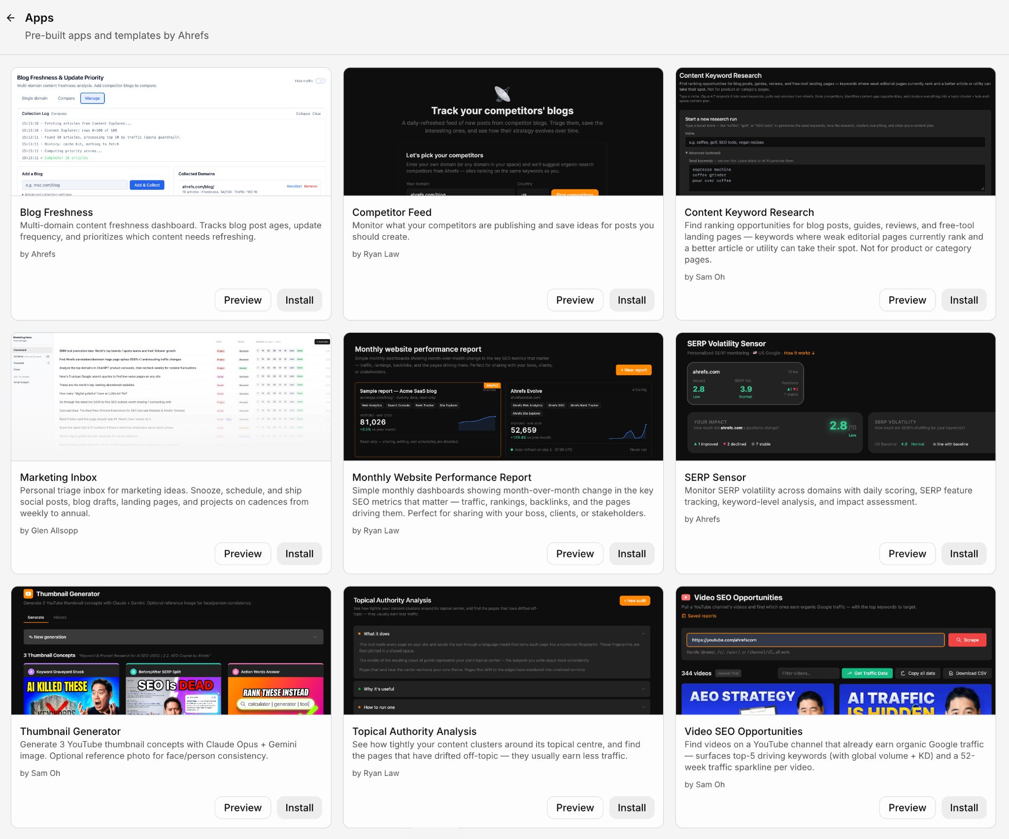 A grid of nine app cards, each with a screenshot and title. Apps include Blog Freshness, Competitor Feed, and Thumbnail Generator.