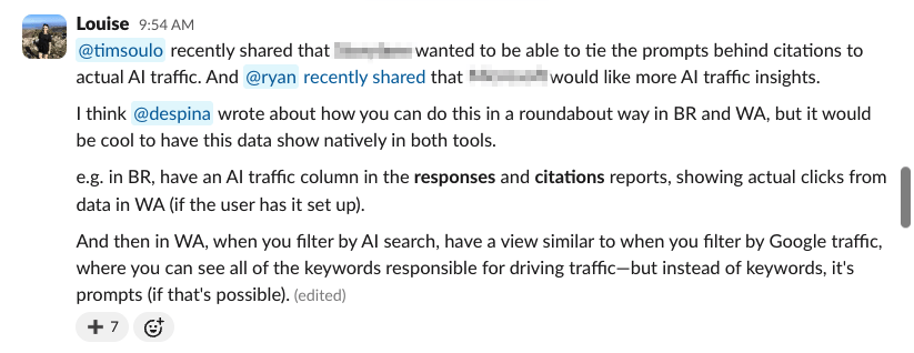 Slack message discussing displaying AI traffic data and prompts natively in BR and WA tools.