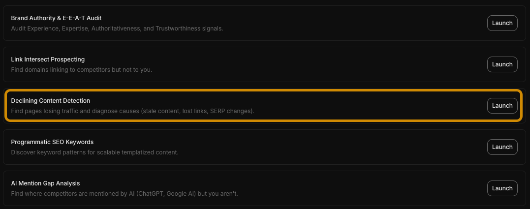 A screenshot of the Agent A skills menu highlighting the "Declining Content Detection" skill, which helps find pages losing traffic and diagnose causes like stale content or lost links.
