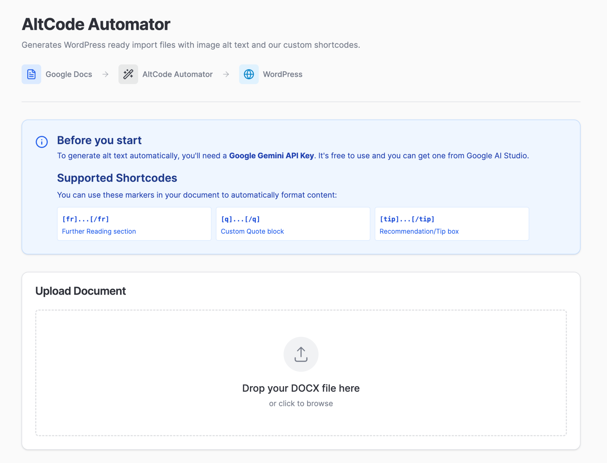 AltCode Automator interface. It guides users from Google Docs to WordPress with alt text generation. DOCX upload area shown.