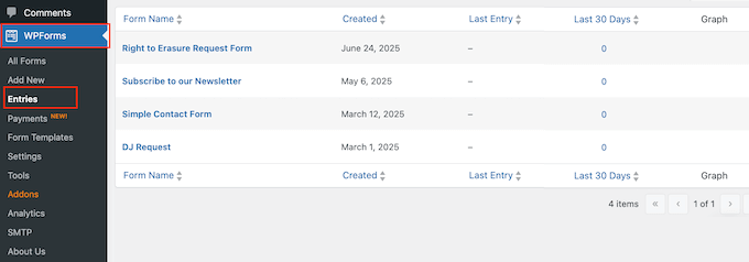 Filtering data deletion requests in the WordPress dashboard
