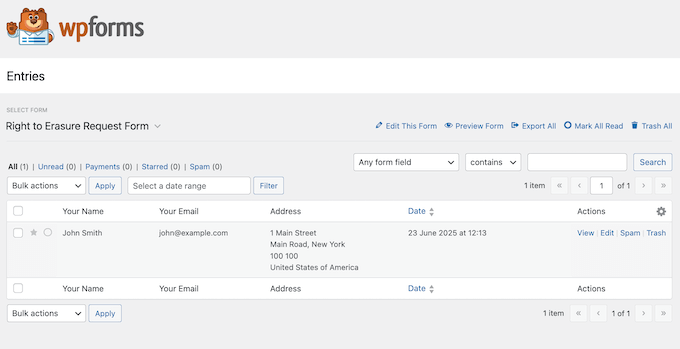 Managing data erasure requests using WPForms