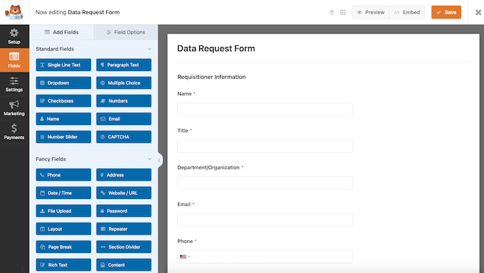 WPForms' ready-made data request template
