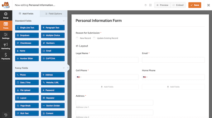Adding fields to a compliance form using the WPForms drag-and-drop editor