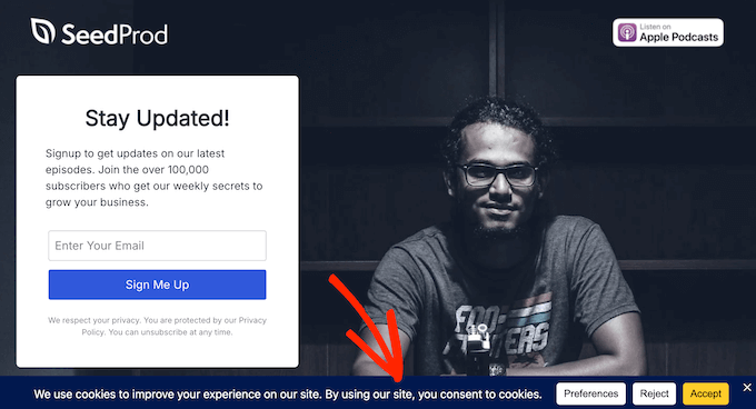 An example of a cookie banner, created using WPConsent