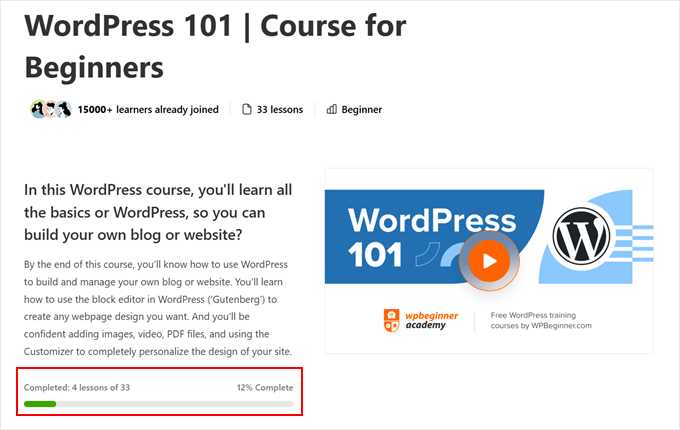 Progress bar example in WPBeginner video membership site Progress bar example in WPBeginner video membership site