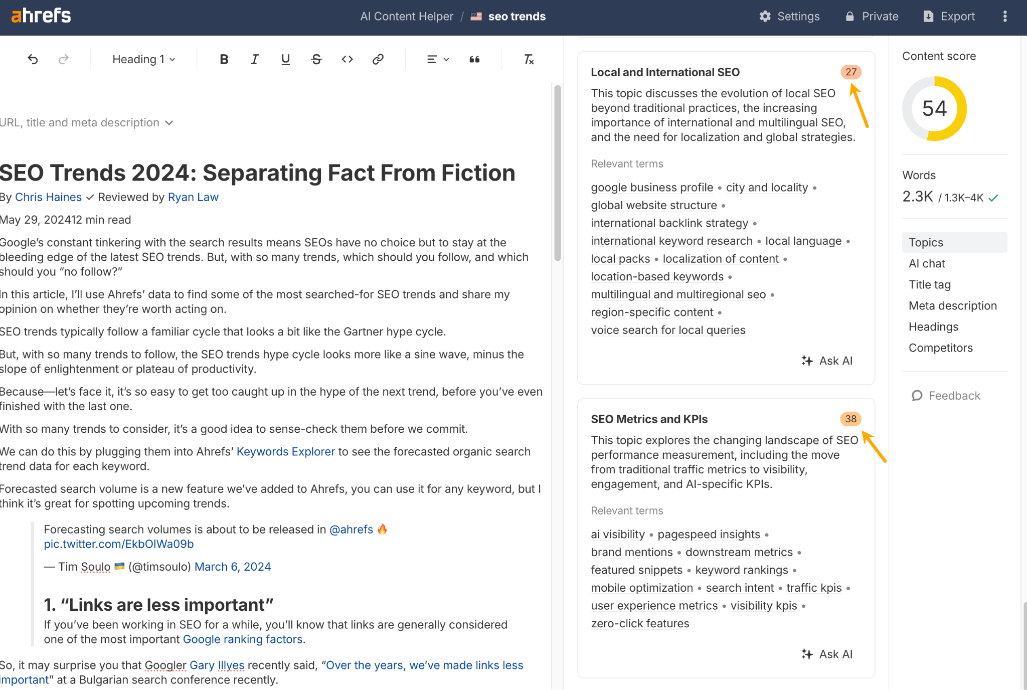 Ahrefs SEO content tool. Article: SEO Trends 2024. Right panel with SEO topic suggestions. Annotations point to topics with higher relevance scores.