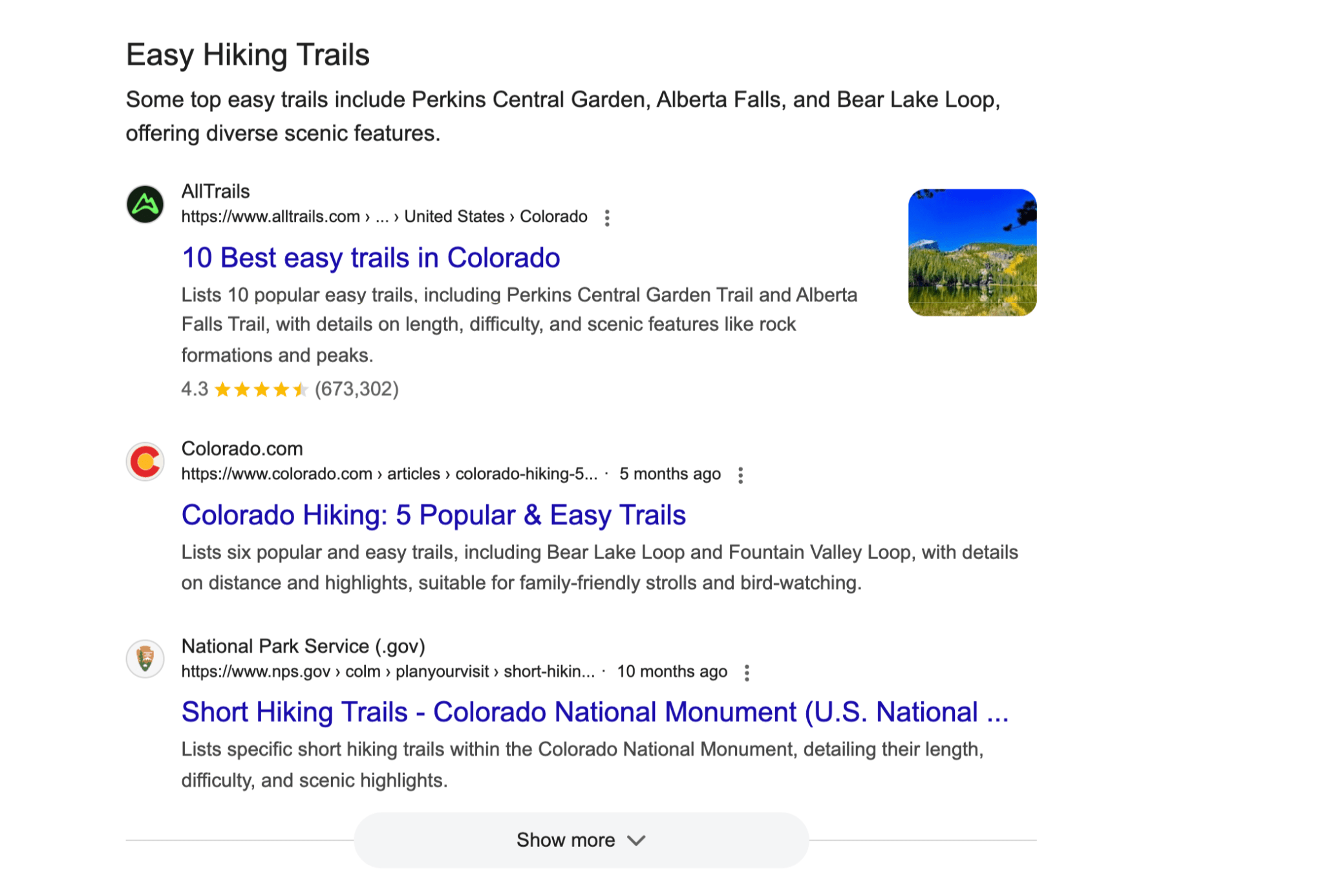 A search results page for "Easy Hiking Trails." The top result is from AllTrails, followed by Colorado.com.