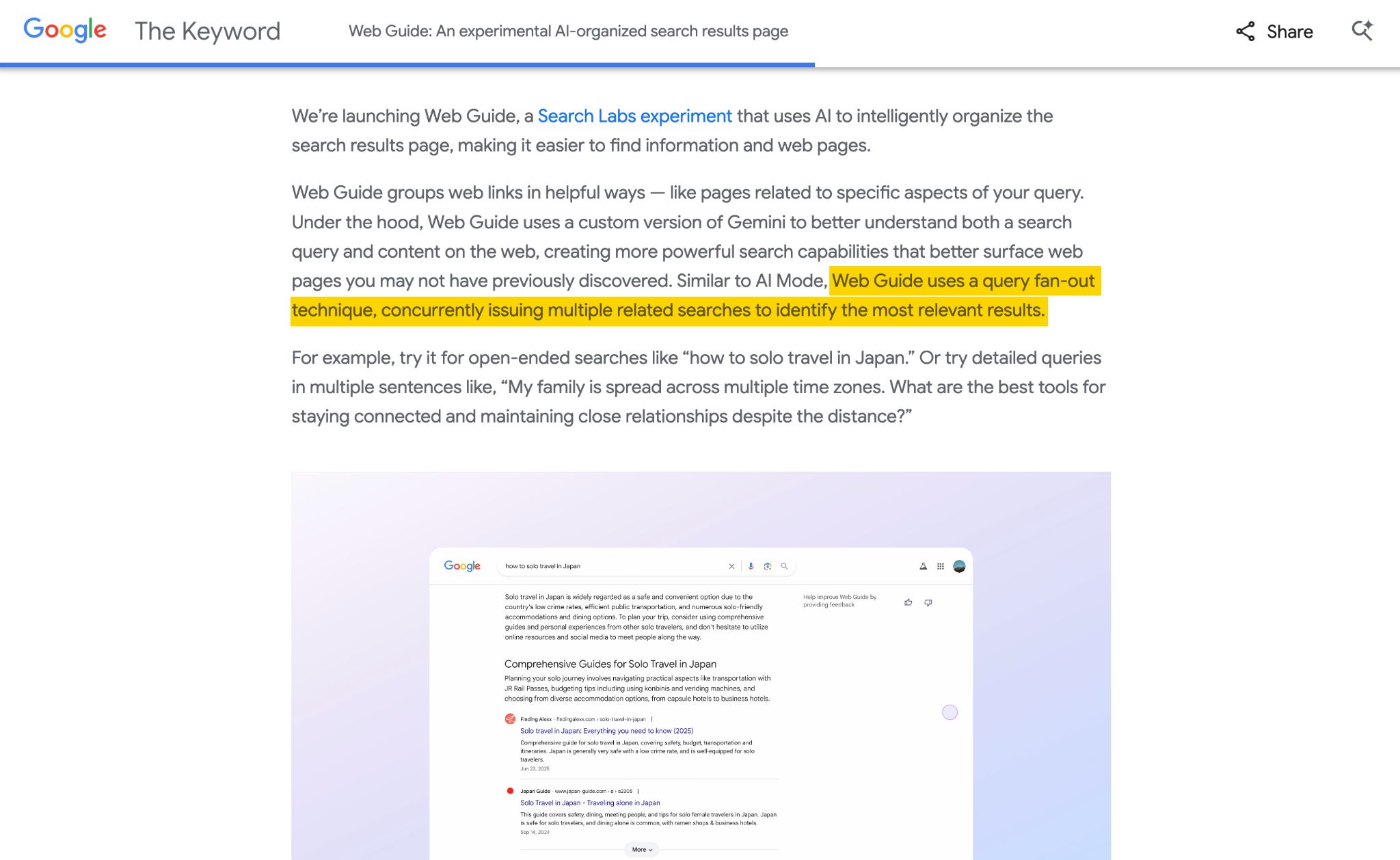 A Google article explains Web Guide, an AI search tool using "query fan-out" to find relevant results.