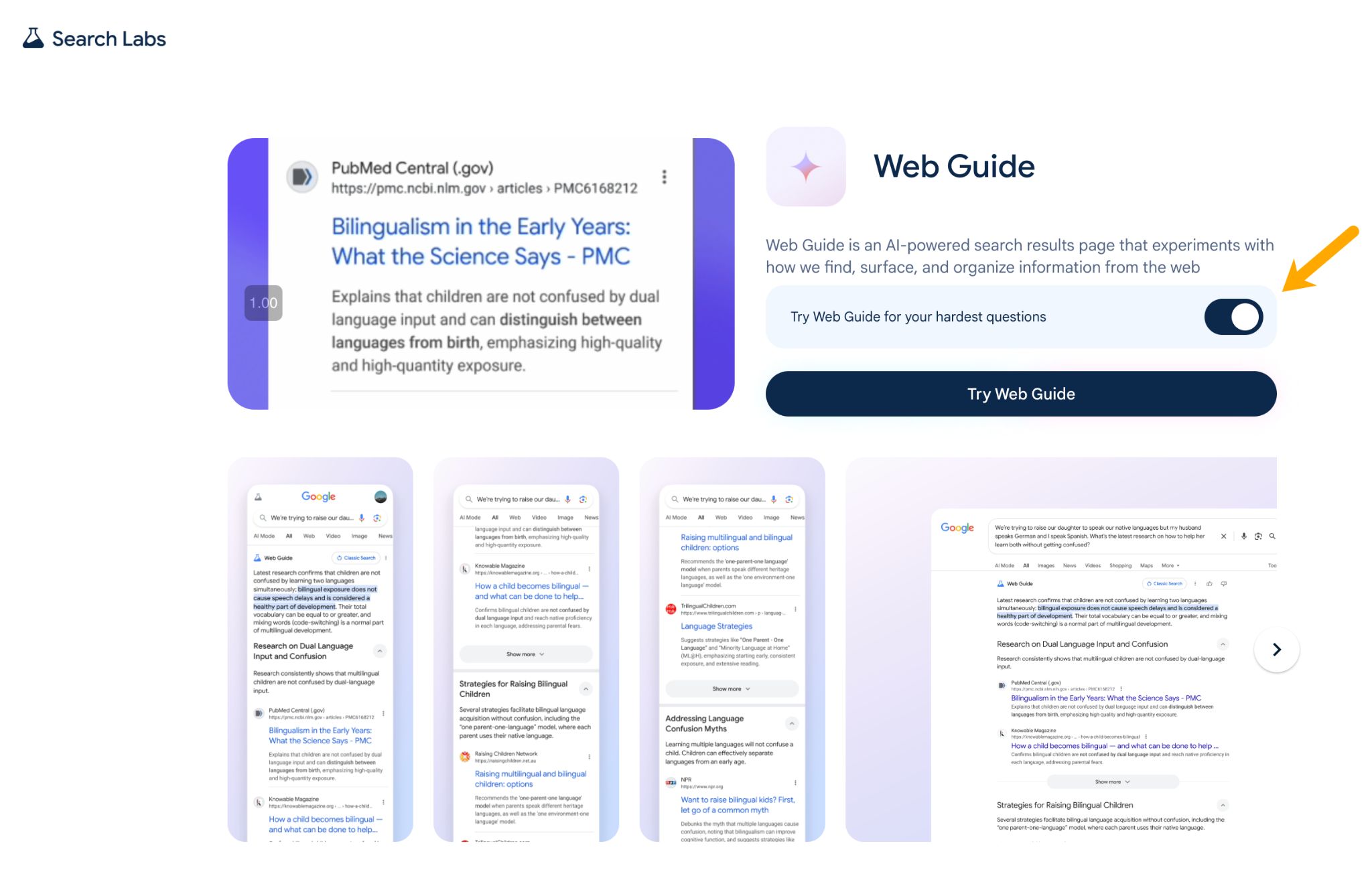 A screenshot of "Search Labs" shows "Web Guide," an AI-powered search feature, with a toggle saying "Try Web Guide." Below, three mobile screens display search results for "raising our dau."