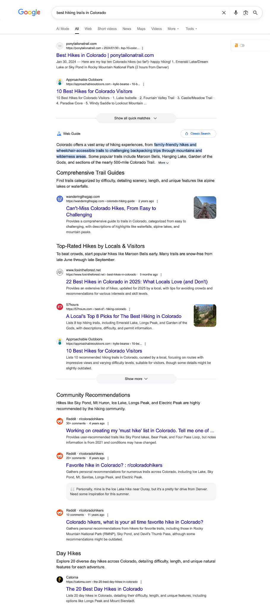 A Google search results page for "best hiking trails in Colorado" with snippets about popular trails and community recommendations.
