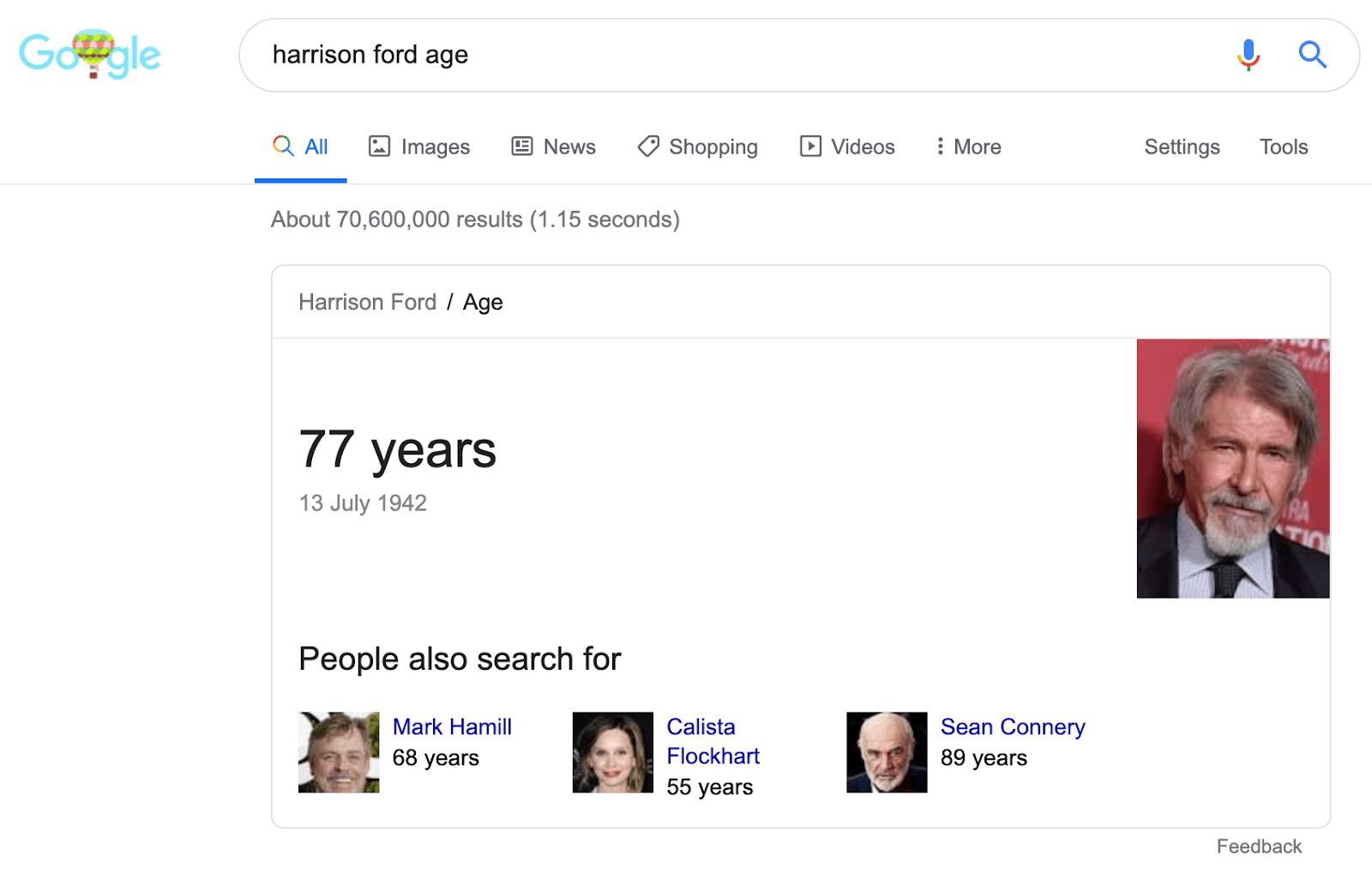 knowledge card harrison ford age