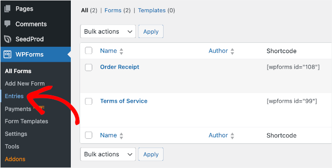 The Entries tab in WPForms