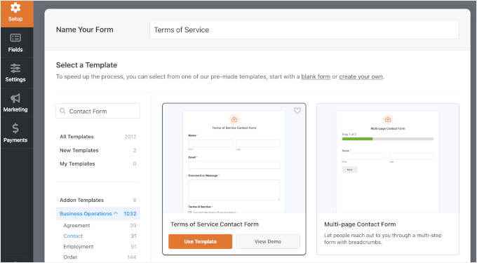 Using the Terms of Service form template