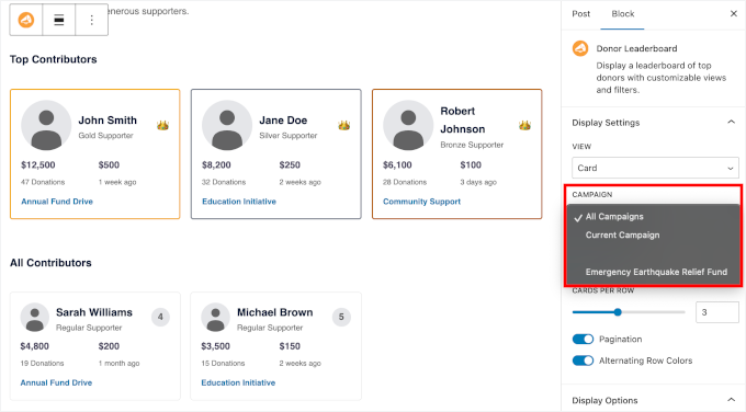 Choosing the campaign leaderboard to show