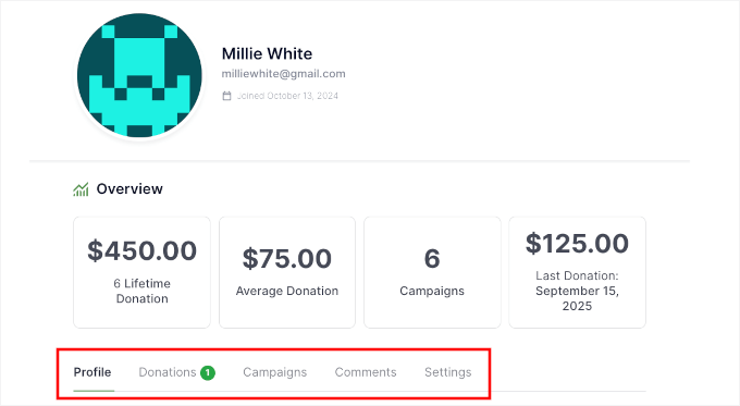 Donor portal navigation menu