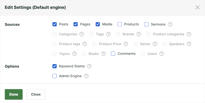 Customizing sources and settings in SearchWP