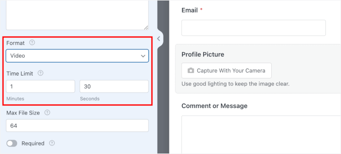 The time limit setting for the video format The time limit setting for the video format