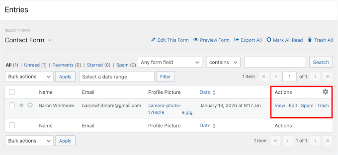 The View link in the Actions column The View link in the Actions column