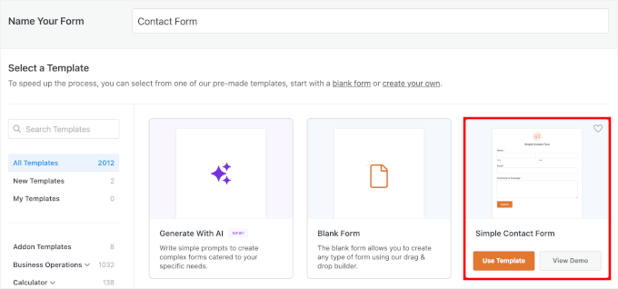 Choosing the Simple Contact Form template Choosing the Simple Contact Form template