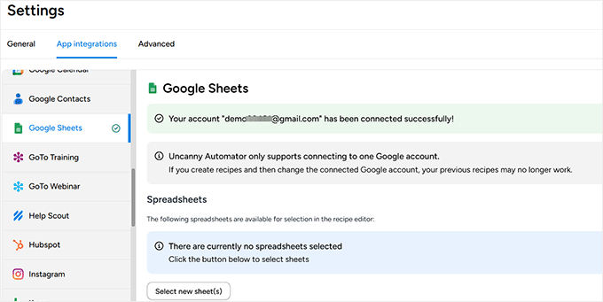 Google Sheets connected successfully
