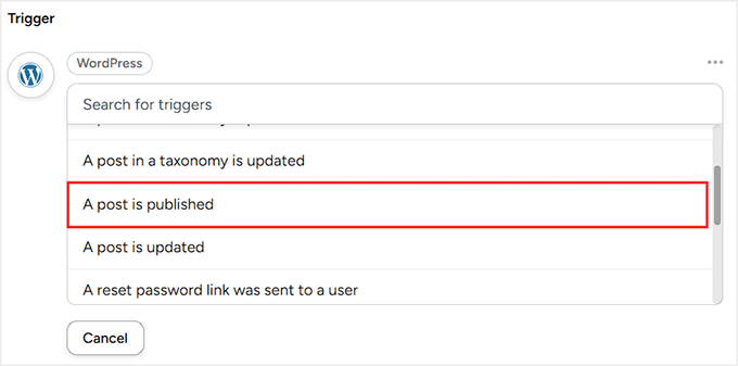 Select a post is published as the trigger in Uncanny Automator