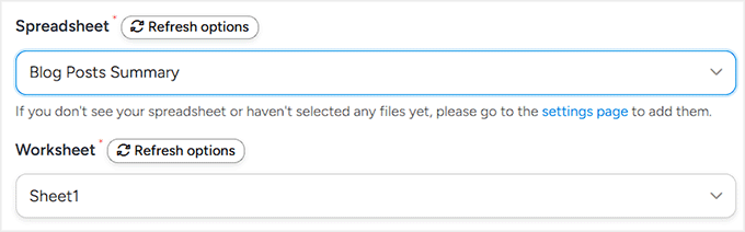 Choose spreadsheet from dropdown in Uncanny Automator