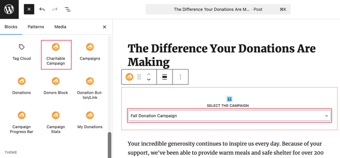 Adding a WP Charitable Campaign Block to a Post Adding a WP Charitable Campaign Block to a Post